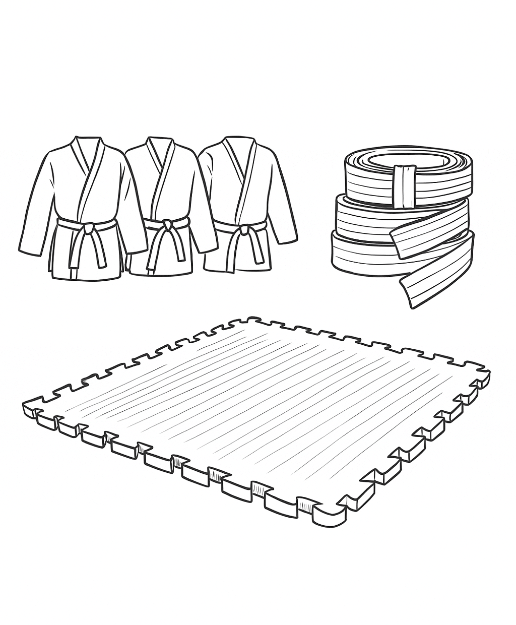 Sketch illustration of martial arts uniforms, stacked belts, and an interlocking rubber training mat, representing products by a custom martial arts manufacturer